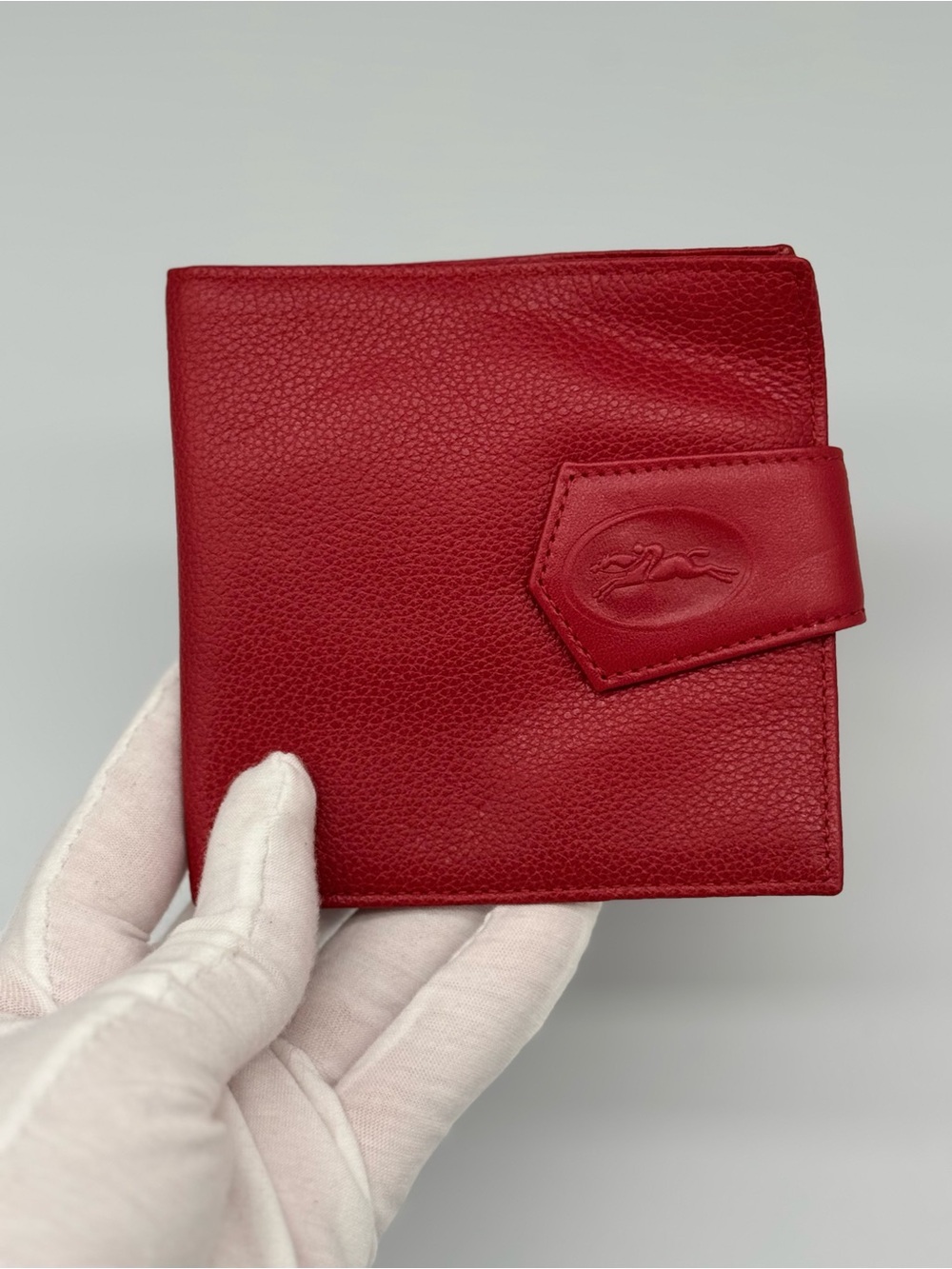 Vintage Longchamp bi-fold Red Grained Leather Compact Wallet NWOT 4*4